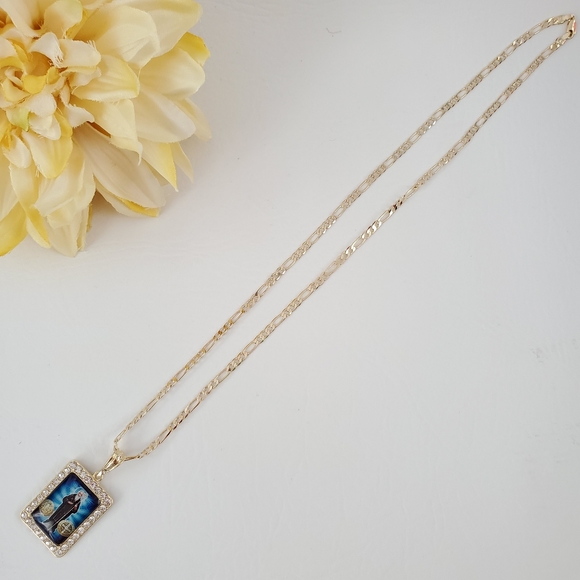 St Benedict Colored Rhinestone Gold Plated Necklace - Picture 2 of 3